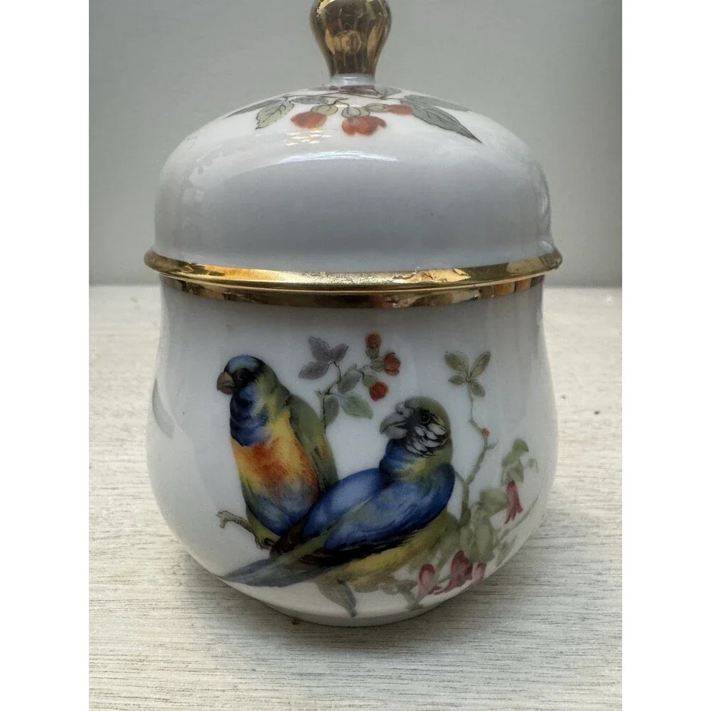 Vintage Schmid Germany Porcelain Trinket Box with Bird Floral Motif Gold Trim
